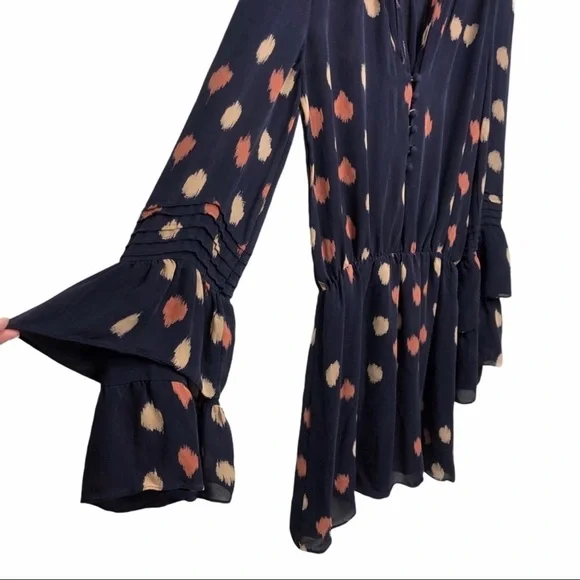 Parker Silk Dress Navy Dot Print Size Small Bell Sleeve - Picture 6 of 10